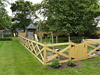 <b>5 foot high pressure treated 4 board ranch rail with cross buck fencing and a single walk gate with a dip</b>